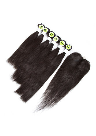 HairYouGo 7A Grade Malaysian Virgin Human Hair Straight  6 Bundles with Closure #1B Nature Color 100g/pc