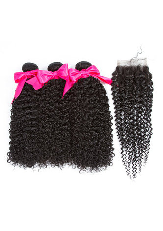 HairYouGo 7A сортность Перуанские девственные натуральные волосы Кудрявая  Вьющаяся  Волна 4*4 закрытие и 3 Кудрявая  Вьющаяся  Волна связка волос