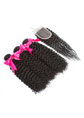 HairYouGo 7A Grade Malaisien Vergin Cheveux Humains Crépus Bouclés 4 * 4 Fermeture avec 3 faisceaux de cheveux bouclés Kinky