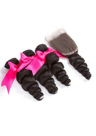 HairYouGo 7A Grade Peruvian Virgin Human Hair <em>Loose</em> Wave 4*4 Closure with <em>Loose</em> wave hair bundles