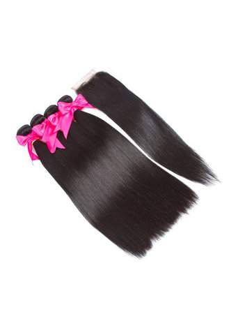 HairYouGo 7A Grade Peruvian <em>Virgin</em> Human <em>Hair</em> Straight 4*4 Closure with 3 bundles 1b