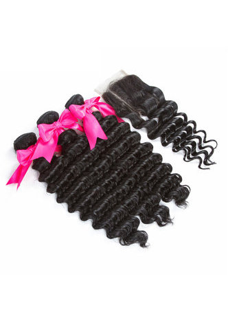 HairYouGo 8A Grade Brazilian Virgin Remy Human Hair Deep Wave 4*4 Closure with 3 Deep Wave hair bundles