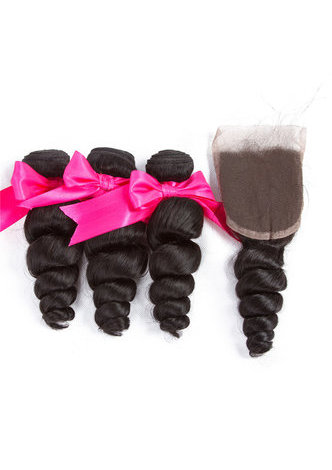 HairYouGo 8A Grade Brazilian Virgin Remy Human Hair Loose Wave 4*4 Closure with 3 Loose Wave hair bundles