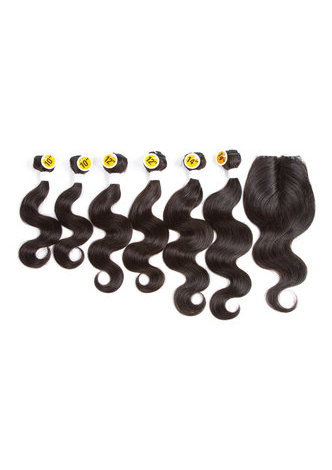 HairYouGo 7A Grade Indian Virgin Human Hair Body Wave 6 Bundles with Closure #1B Nature Color 100g/pc