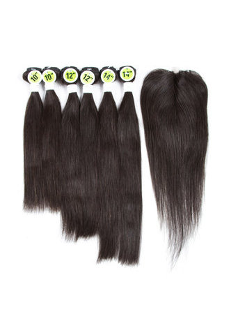 HairYouGo 7A Grade Indian Virgin Human Hair Straight 6 Bundles with Closure #1B Nature <em>Color</em> 100