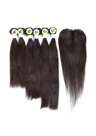 HairYouGo 8A Grade Brésilien Vergin Remy Cheveux Humains Droite 6 Bundles avec Fermeture # 1B Nature Couleur 100g / pc