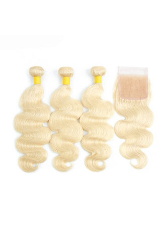 HairYouGo  Brazilian Hair Blonde Virgin Hair With Closure 3 Bundles With 4*4 Lace Closure non remy Hair Free Shipping