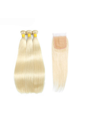 HairYouGo Brazilian Straight <em>Hair</em> #613 Blonde 3 Bundles With Lace Closure 4Pcs Lot Non-Remy <em>Hair</em>