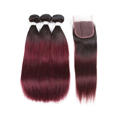 HairYouGo Non-Remy Brazilian Hair Straight In Extension Pre-Colored T1B/99J Human Hair Bundles With Closure 