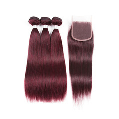 HairYouGo Non-Remy Straight Hair Bundles In Extension Pre-Colored #99J Human Hair Bundles With Closure
