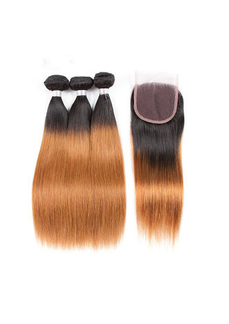 HairYouGo  Non-Remy Straight <em>Hair</em> Pre-Colored T1B/30 Human <em>Hair</em> 3 Bundles With <em>Closure</em> Free