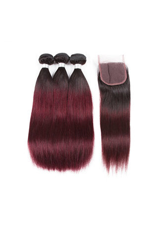 HairYouGo Non-Remy Brazilian Hair Straight In Extension Pre-Colored T1B/99J <em>Human</em> Hair Bundles