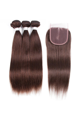 HairYouGo Non-Remy Hair Pre-Colored Straight Wave Bundles #4 Human Hair Bundles With <em>Closure</em> Free