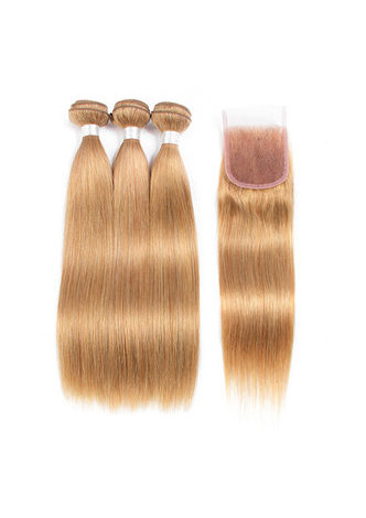 HairYouGo Non-Remy Hair Straight Wave Bundles With Closure #27 Pre-Colored Human Hair Bundles In Extension