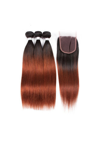HairYouGo Non-Remy <em>Straight</em> Hair Wave Bundles Pre-Colored T1B/33 Human Hair Bundles With Closure